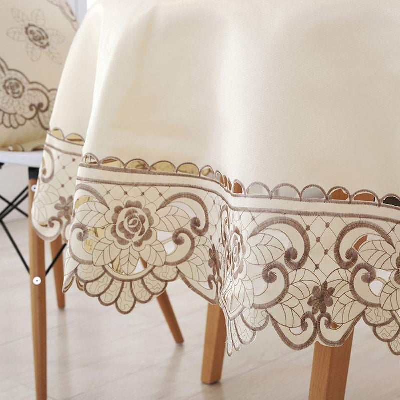 AMZALI Round Table Cloth Flower Embroidered Lace Tablecloth Wrinkle Free & Stain Resistant Fabric Tablecloths Table Cover for Kitchen Dinner (Round 60 inch) - Image 4